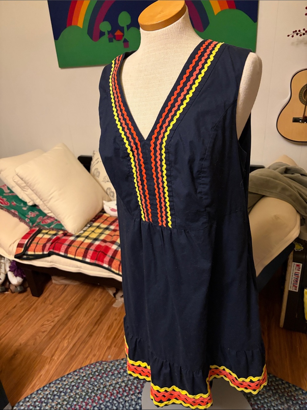 Boden Navy Sleeveless V-Neck Mini Dress with Red, Yellow & Orange Rickrack
